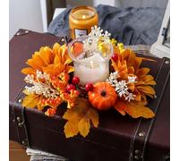 Autumn candle ring wreath,Fall Candle Garland with Artificial Pumpkin Maple Leaf,Mini Wreaths autumn table centrepieces, Halloween Decorations Farmhouse Thanksgiving Harvest Home Decor (C)