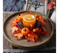 Autumn candle ring wreath,Fall Candle Garland with Artificial Pumpkin Maple Leaf,Mini Wreaths autumn table centrepieces, Halloween Decorations Farmhouse Thanksgiving Harvest Home Decor (A)