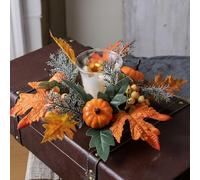 Autumn candle ring wreath,Fall Candle Garland with Artificial Pumpkin Maple Leaf,Mini Wreaths autumn table centrepieces, Halloween Decorations Farmhouse Thanksgiving Harvest Home Decor (B1)