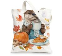 Autumn Canvas Tote Bags, Cute Animal Design Reusable Shopping Bags, Cozy Fall Style Lightweight Washable Shoulder Bags for, White, 13x15 Inch