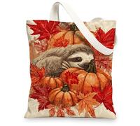 Autumn Canvas Tote Bags, Cute Sloth Design Reusable Grocery Bags, Washable Shoulder Strap Canvas Bags for Shopp, Orange, 13x15 Inch