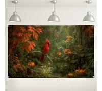 Autumn Cardinal Forest Backdrop, Lush Nature Decor for Fall Photography, Warm Cozy for Thanksgiving Gatherings, Rich Green and Orange Backgrounds 71x43 Inch