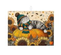 Autumn Cat Dish Drying Mats For Kitchen Counter, Cozy Pumpkin and Sunflower Absorbent Dish Drainer Rack Mat, Fanciful Microfiber Drying Pad For Kitchen Counter Decor 18x24 Inch
