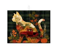 Autumn Cat Dish Drying Mats For Kitchen Counter, Rustic Red Truck Absorbent Dish Drainer Rack Mat, Fall Microfiber Drying Pad For Kitchen Counter Coffee Bar Protector 18x24 Inch