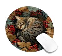 Autumn Cat Mouse Pad, Cozy Tabby Cat in Colorful Foliage Design, Non-Slip Rubber Gamer Mousepad for Home and Office Use Round 8x8 Inch