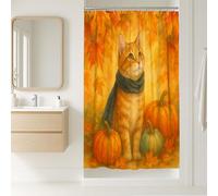 Autumn Cat Shower Curtain, Orange Ginger Tabby with Pumpkins and Fall Leaves Bathroom Decor, Cozy Rustic Style for Home, Waterproof Fabric with Hooks 36x72 Inch