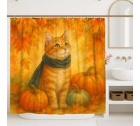 Autumn Cat Shower Curtain, Orange Ginger Tabby with Pumpkins and Fall Leaves Bathroom Decor, Cozy Rustic Style for Home, Waterproof Fabric with Hooks 72x84 Inch