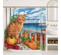 Autumn Cat Shower Curtain, Orange Tabby Cat with Pumpkin and Fall Leaves Bathroom Decor, Cozy Seasonal Nautical Waterproof Fabric Shower Curtain with Hooks 72x72 Inch