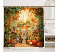 Autumn Cat Shower Curtain, Orange Tabby Reading in Cozy Bathroom Decor, Fall Seasonal Cute Cartoon Fabric Shower Curtain with Hooks 72x78 Inch