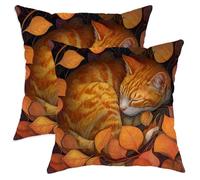 Autumn Cat Throw Pillow Covers Set of 2, Orange Tabby Cat in Leaves Decorative Cushion Covers, Cozy Fall Home Sofa Bed Couch Decor 24x24 Inch