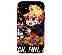 Autumn Chibi Boy Dog Fetch Fun and Falling Leaves Kawaii Case for iPhone 11