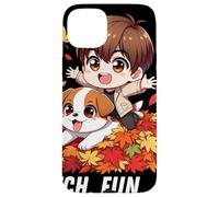 Autumn Chibi Boy Dog Fetch Fun and Falling Leaves Kawaii Case for iPhone 15 Plus