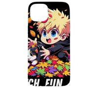 Autumn Chibi Boy Dog Fetch Fun and Falling Leaves Kawaii Case for iPhone 15 Plus