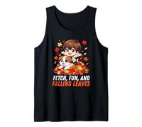 Autumn Chibi Boy Dog Fetch Fun and Falling Leaves Kawaii Tank Top
