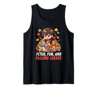 Autumn Chibi Boy Dog Fetch Fun and Falling Leaves Kawaii Tank Top