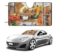 Autumn Church Frame Printed Windshield Sun Shade Heat Absorption Windproof Foldable Car Window Shades Cover for Universal Vehicle