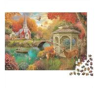 Autumn Church Scene Colourful Autumn Town 1000 Pcs Jigsaw for Adults & Kids Unique Challenging Fun Activity 38x26cm/1000pcs