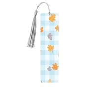 Autumn Colorful Leaves Bookmark Blue Grid Wooden Bookmark with Tassel Book Mark for Women Men Reading Page Markers Gifts for Book Lovers