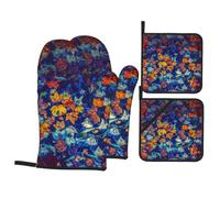 Autumn Colorful Maple Leaves Floating in The Water Oven Gloves and Pot Holder 4-Piece Set, High Heat and 500 Degree Thickness, Suitable for Grilling and Microwave Ovens