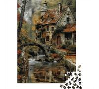 Autumn Cottage Bridge 1000 Piece Jigsaw Puzzle Set for Puzzle Hobbyists Thick Paper Home Decor Wall Art New Year Gift At-home Relaxation Jigsaw Brain Game 52x38cm/1000pcs