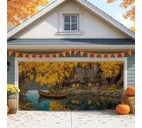 Autumn Cottage Garage Door Cover, Rustic Fall House and Boat Large Garage Door Decorations, Seasonal Indoor and Outdoor Thanksgiving Party Backdrop Decor 157x71 Inch