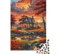 Autumn Cottage Scene 1000 Piece Cardboard Autumn Sunset Cottage Art Puzzle for Teens Easy to Grip Stress Reliever Birthday Present Eco-friendly Smooth Finish 70x50cm/1000pcs