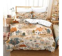 Autumn Cottage Scene 2 Piece Student Single Polyester Hand Drawn Village Illustration Duvet Cover Set, Hidden Zip, Cot Bedding Pillow Cases, Spring Use Soft Touch Easy Wash Wrinkle Free Single（135x200
