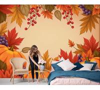 Autumn Country Plants Wallpaper, Pumpkin Maple Leaves Berries Mural Wallpaper For Living Room, Retro Bedroom Wall Paper, Not Self Adhesive Orange 3D Large Wall Mural Home Decor Poster, 200X140Cm
