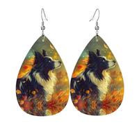 Autumn Countryside Border Collie Earrings for Women, Leather Earrings Teardrop for Women Trendy, Tear Drop Earrings Jewelry