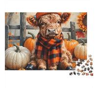 Autumn Cow Scarf 1000 Piece Jigsaw Puzzle Highland Cow Autumn Outfit for Adults Educational Game Beautiful Decoration Difficult Challenging Male And Female Birthday 38x26cm