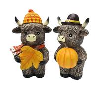 Autumn Cow Statues - Set of Two Resin Sculptures with Harvest Cattle, Rustic Farmhouse Decorations for Fireplace, Dining Table or Living Room Center, Perfect Decorative Accent