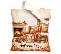 Autumn Cozy Fireplace Scene Canvas Tote Bag 13x15 Inch, Orange, 13x15 Inch
