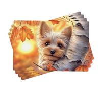 Autumn Cozy Yorkshire Terrier Placemats Set of 4, Orange Animal Design Table Mats for Dining Room, Non-Slip Washable Indoor Outdoor Decorative Place mats 18x12 Inch