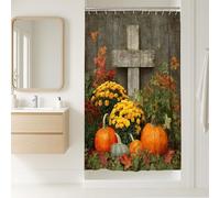 Autumn Cross Shower Curtain, Rustic Wooden Cross Fall Decor with Pumpkins and Flowers, Thanksgiving Harvest Bathroom Accessories, Country Vintage Style for Home 36x72 Inch