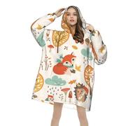 Autumn Cute Woodland Squirrels Hedgehogs Fox Mushrooms and Leaves Giant Wearable Blanket with Sleeves and Hood, Fluffy Flannel Pullover with Kangaroo Pocket, Perfect Winter Gift for Adults