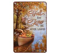 Autumn Decor for Bedroom Aesthetic Fall for Jesus He Never Leaves God Pumpkin Metal Decor for Outside Wall Tin Sign Chic Art Wall Metal Decorations Funny Signs for Living Room Office 8x12 inch
