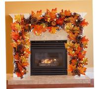 Autumn Decorations 5.9Ft Autumn Garland with LED Light Artificial Maple Leaves Garlands Rattan With Pumpkins Berry Pine Cones Ornament for Halloween Christmas Fall Decor Halloween Garland