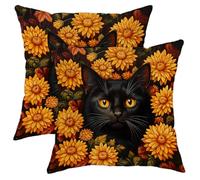 Autumn Decorative Throw Pillow Covers Set of 2, Cat Floral Design with Golden Sunflowers, Cozy Home Sofa Couch Cushions for Fall Decor 16x16 Inch
