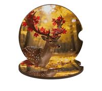 Autumn Deer Antlers 2 Pack Car Coasters for Cup Holders Wooden Absorbent Car Cup Coasters Non-Scratch Cork Base, Water Resistant Cups Mat for Women & Men (Fits Most Cars, SUVs, Trucks)