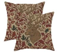 Autumn Deer Throw Pillow Covers Set of 2, Rustic Red and Green Floral Cushion Cases, Seasonal Decorative Square Home Decor for Sofa Couch 24x24 Inch