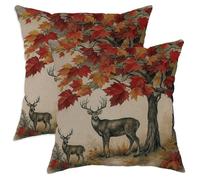 Autumn Deer Throw Pillow Covers Set of 2, Rustic Red Maple Leaf Design Cushion Cases, Seasonal Decorative Square Farmhouse Decor for Home Sofa Bed Couch 14x14 Inch