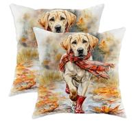 Autumn Dog Throw Pillow Covers Set of 2, Yellow Labrador with Red Scarf Decorative Cushion Covers, Fall Farmhouse Decor for Home Sofa Bed Couch 16x16 Inch
