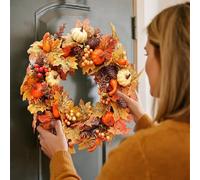 Autumn Door Wreath, 40 cm Autumn Wreath, Door Decoration, Fall Wreath for Front Door, Outdoor Table, Outdoor, Rattan Pumpkin, Maple Leaf, Berry Door Wreath (Yellow)