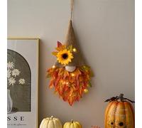 Autumn Door Wreath with Lights | Artificial Fall Gnome Garland with Maple Leaf Flowers | Hanging Fall Garland for Front Door Fall Harvest Thanksgiving Hall Home Door Wreaths Outdoor