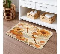 Autumn Dragonfly and Sunflower Bath Mat, Rustic Orange Pumpkins and Leaves Absorbent Non Slip Shower Rug, Cozy Memory Foam Washable Bath Rugs for Fall Home Décor 16x24 Inch