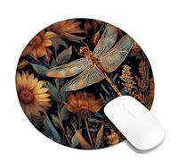 Autumn Dragonfly Floral Desk Mouse Pad, Gold Blue Insect Design Non-Slip Washable Gaming Mousepad for Home and Office Computer, Laptop Round 8x8 Inch