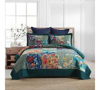 Autumn Dream Cotton Bedspread Quilt Sets Reversible Bedding Coverlet Sets Comforter, Vintage Floral Patchwork Turquoise Bedspread, King Size