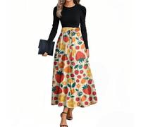 Autumn Dresses for Women 2025 UK Floral Printed Long Sleeve Crewneck Elegant Flowy Tiered Party Cocktail Maxi Dress,Loose Fit Dress Tie Shirt Ladies Tea Dresses Mother of The Bride Black,u595k