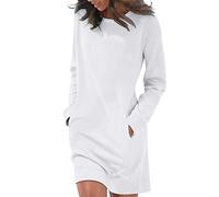 Autumn Dresses for Women UK Plus Size Winter Warm Midi Dress Casual Crew Neck Long Sleeve Knee Length Dress with Pockets Solid Color Oversized Pullover (White, S)