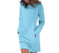 Autumn Dresses for Women UK Plus Size Winter Warm Midi Dress Casual Crew Neck Long Sleeve Knee Length Dress with Pockets Solid Color Oversized Pullover (Blue, S)
